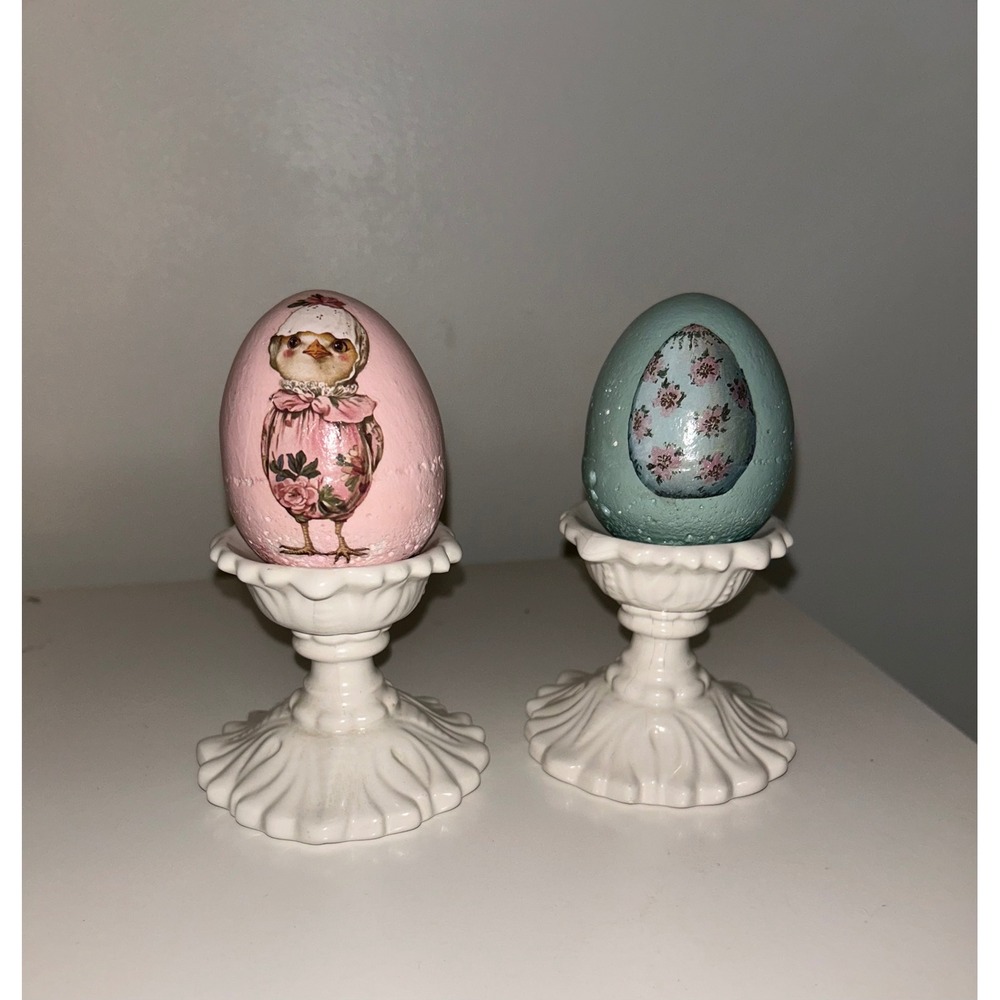 Vintage Style Easter Egg Decor Set Pink Chick Teal Floral with Pedestal Stands